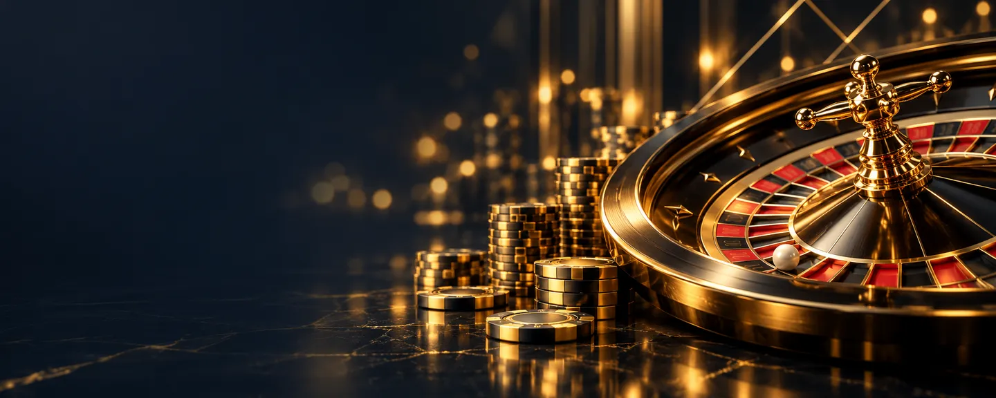 Glowing golden roulette wheel and stacked gold casino chips on a dark reflective table with warm bokeh light accents